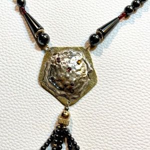 Handworked Sterling Silver & Scored Brass and Gemstone Pendant, Hematite Beads